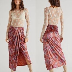 NWT Free People Poets Velvet Sarong Skirt In Floral Rust Combo Size Medium